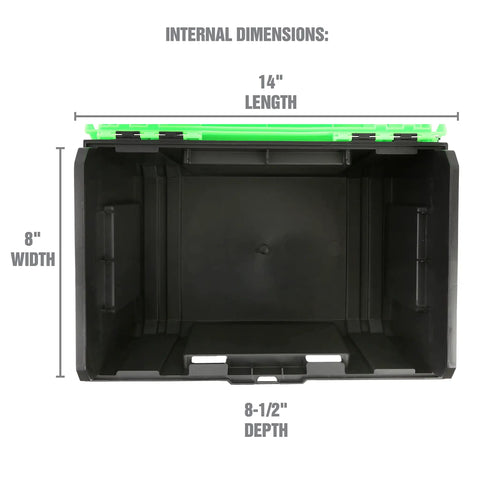 Interior view showing dimensions of Green 15 Inch One Touch Tool Box With Tray Openable With One Hand And Padlock Security Slot