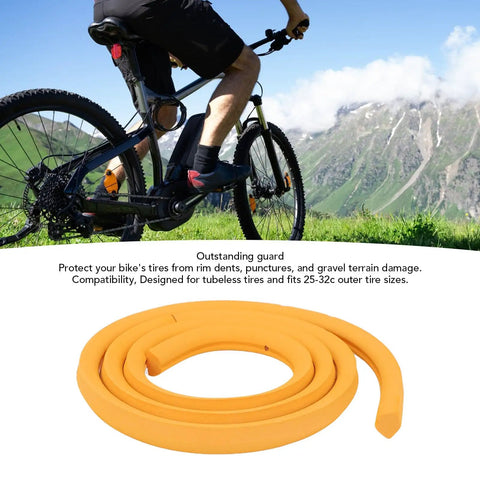 Tubeless Tire Insert For 25 32c Outer Tires Ultra Lightweight EVA Puncture Proof Bike Inner Tube Vibration Dampener And Rim Protector Liner For Smooth Flat Free Rides displayed on white background with cyclist in the background