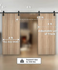 Helmsman 8 Ft Heavy Duty Wood Sliding Barn Door Hardware Kit for Double Doors with carbon steel track and wheel hanger details.