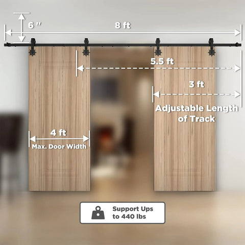 Helmsman 8 Ft Heavy Duty Wood Sliding Barn Door Hardware Kit for Double Doors with carbon steel track and wheel hanger details.