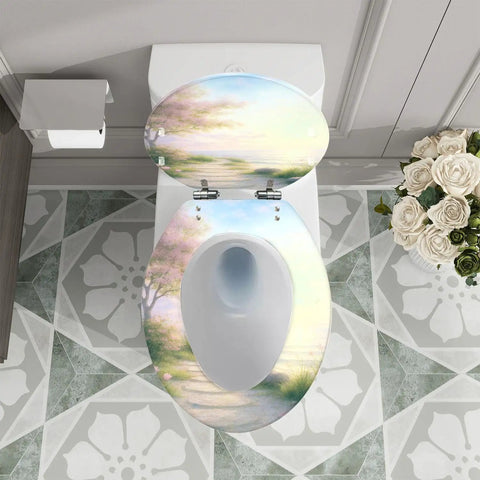 Resin Toilet Seat Elongated for Bathroom with scenic design, 14.5" x 18.5", adding elegance to your bathroom.