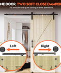 Silent Soft Close Barn Door Hardware Kit With Adjustable Stopper And Damper For Sliding Doors Between 88 And 132 Pounds Universal Top Track Fit No Drilling Required Includes Two Spacers Black Finish shown installed on barn door.