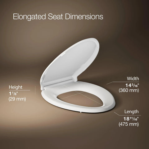 Front view of white Kohler Cachet elongated toilet seat with slow-close lid; length 18 11/16 in, width 14 3/16 in.