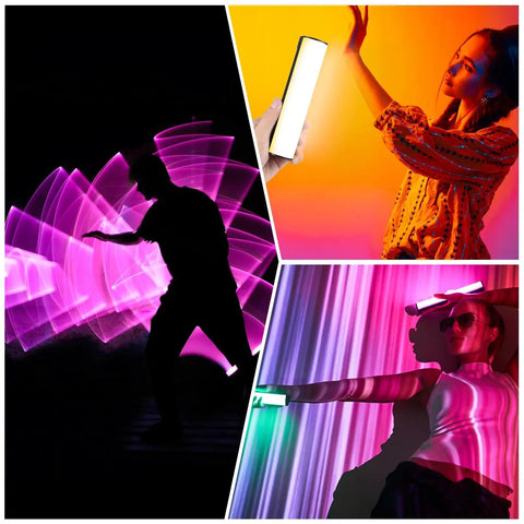 Collage showcasing vibrant effects of 360 Degree Magnetic Handheld Light Wand With 2000mAh Battery, 2500-9000K Dimmable RGB Tube Light.