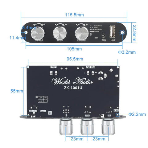 2 Pack ZK-1001U Mono Amplifier Board With True Wireless Stereo TWS 100W Output 9-24V Vehicle Power USB AUX Bluetooth Ready
