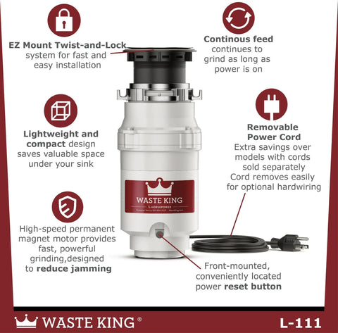 Image of a Waste King high speed garbage disposal for kitchen sink with power cord, compact one third HP, 1900 RPM, with features labeled.