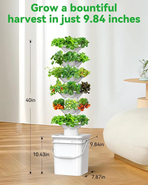 Vertical Hydroponics Garden Tower Kit With Six Levels And 36 Pods for herbs and fruits in a small indoor space.