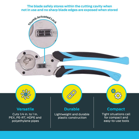 Pro-Grade PEX Cutter With Precision V-Blade for clean flat cuts from 1/4 inch to 1 inch CTS, durable and user-friendly design