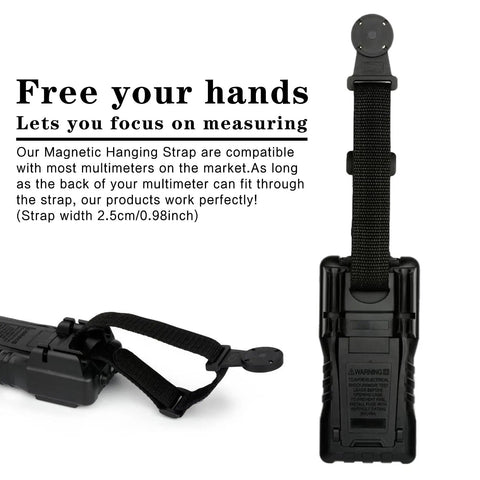 Magnetic Hanging Strap Kit For Digital Multimeters, Durable Magnetic Hanger And Strap Set, black, shown attached to meter.