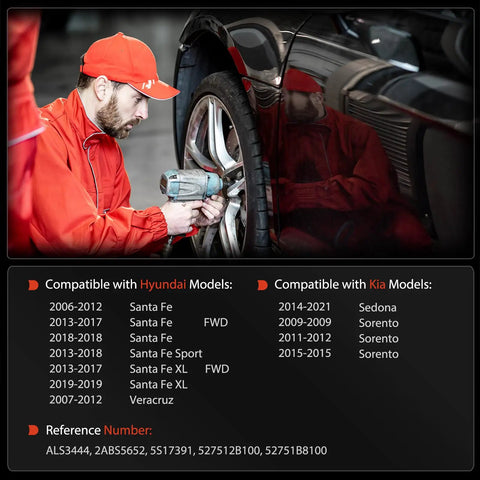 Technician installing wheels with Rear Left Right Abs Wheel Speed Sensor Drop In Setup For Hyundai Santa Fe Kia Sorento.