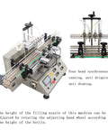 Plug And Play Automatic Liquid Filling Machine With Magnetic Pump And Four Stainless Nozzles Handles Five To One Thousand Milliliter Bottles with adjustable filling nozzles.