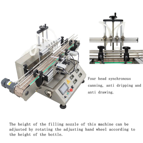 Plug And Play Automatic Liquid Filling Machine With Magnetic Pump And Four Stainless Nozzles Handles Five To One Thousand Milliliter Bottles with adjustable filling nozzles.