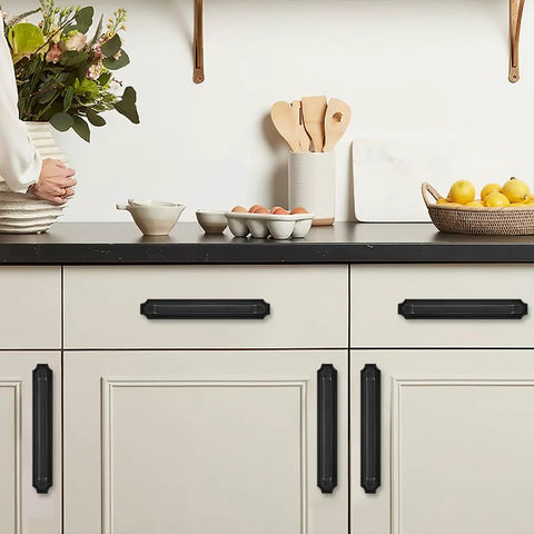 Matte Black Cabinet Pulls With Backplate 5 Pack 3 Inch Hole Centers 4 Inch Overall Length seen on white kitchen cabinets