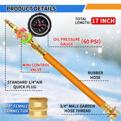 2025 RV Winterizing Kit Upgrade With Oil Pressure Gauge, 17 inch rubber hose, control valve, adapters