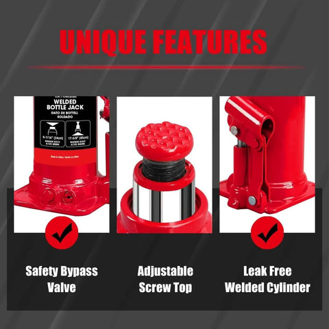 Unique features of Heavy Duty 20 Ton Hydraulic Bottle Jack With 40,000 Lbs Lifting Capacity Adjustable Screw Top Extension, red