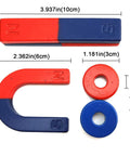 Educational Magnetic Kit For STEM Experiments With Bar Ring Horseshoe And Compass Magnets High Quality Ceramic Ferrite Magnets For Classroom Learning Hands On Science Tools For Kids And Students, showing red and blue colored magnets with measurements.