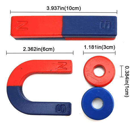 Educational Magnetic Kit For STEM Experiments With Bar Ring Horseshoe And Compass Magnets High Quality Ceramic Ferrite Magnets For Classroom Learning Hands On Science Tools For Kids And Students, showing red and blue colored magnets with measurements.
