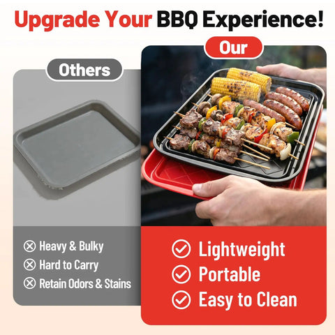 Stackable Grilling Prep And Serving Trays Set Of 2 Plastic BBQ Trays For Raw And Cooked Food Dishwasher Safe 17 By 10.5 Inches Outdoor Cooking Accessories For Parties Red And Black