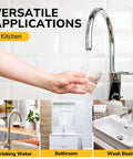 Heavy Duty 24 Inch Faucet Supply Line Pair Built Solid To Handle Daily Grind 3/8 X 1/2 Connector Braided Stainless Steel Sink Hose Leak Proof CUPC Certified Kitchen Bath Essential Quick Install Swap 2 Pack with faucet dispensing water.