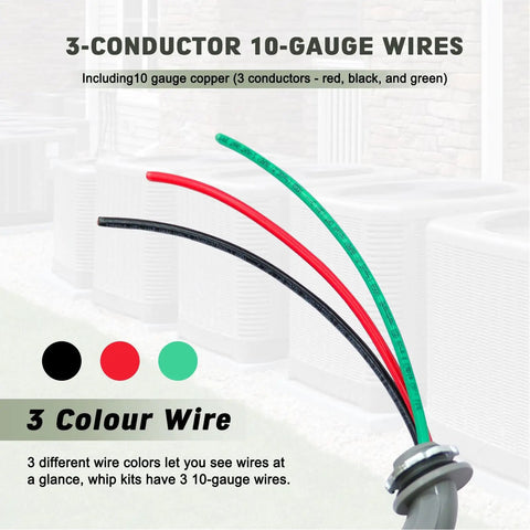 3-conductor 10-gauge copper wires in red, black, and green, showing flexibility for outdoor use with Heavy Duty Half Inch Liquid Tight Flexible Conduit Whips With 6 Foot 10 AWG 3 Wire Copper Cables For Outdoor Air Conditioning Units Hella Durable Ready To Hookup Plug And Play Assembly.