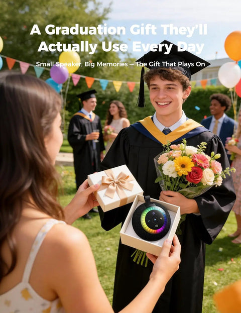 Graduate receiving Waterproof Portable Shower Speaker with flowers at outdoor party.