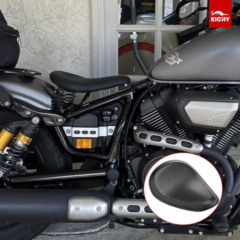 Leather Motorcycle Solo Seat With 3 Inch Spring Bracket Kit Hard Bottom In Black Finish installed on cruiser
