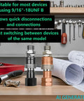 Oxy Acetylene Torch Quick Connect Fittings Fit Nine Sixteenths Inch B UNF Threads displayed beside tools and blueprints.