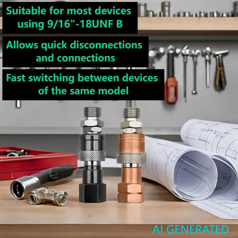 Oxy Acetylene Torch Quick Connect Fittings Fit Nine Sixteenths Inch B UNF Threads displayed beside tools and blueprints.