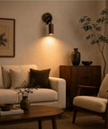 Adjustable Gooseneck Wall Sconce, Modern Wood Grain Wall Lamp illuminating a cozy living room with a sofa and decor.