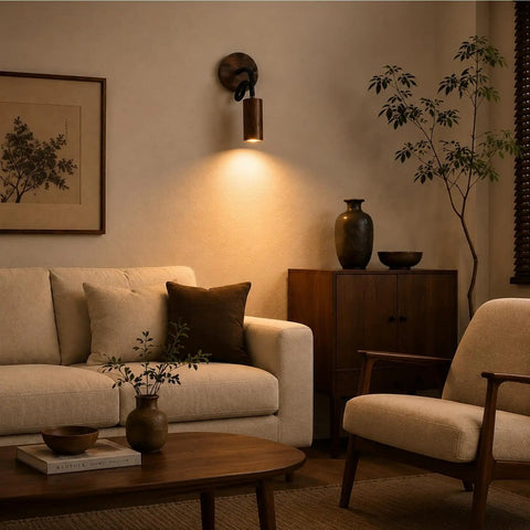 Adjustable Gooseneck Wall Sconce, Modern Wood Grain Wall Lamp illuminating a cozy living room with a sofa and decor.
