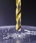 Close-up of 4.2mm titanium-coated HSS drill bit from Pro Grade Metric Tap And Drill Bit Set For DIY Projects, M5 X 0.8 Right Hand Taps.