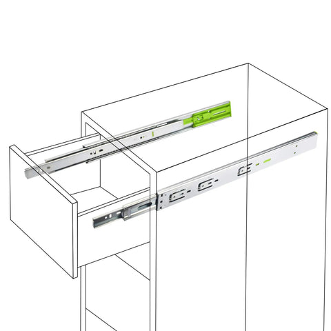 Soft Close Drawer Slides 20 Inch 5 Pairs 3-Section Full Extension Ball Bearing Side Mount Cabinet Drawer Slides 110 LB Capacity Zinc Plated Steel Heavy Duty Quiet Close Hardware installed in a cabinet.