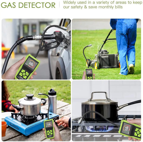 Collage showing Pro Grade Natural Gas Detector With 2.6 Inch LCD Display And 12 Inch Gooseneck Probe used in different settings.