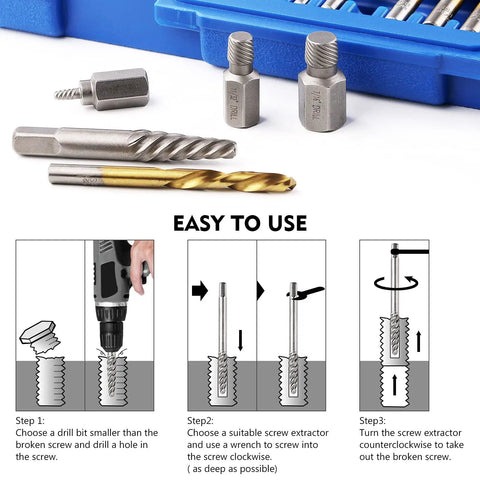 35 Pc Drill Bit Set With Multi Spline Bolt Extractors And Left Hand Cobalt Drill Bits In Blue showing usage instructions.