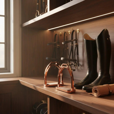Horse tack room with Riding Foot Holder Aluminum Foot Plate 120mm Wide Anti Slip Surface with Smooth Finish on shelf