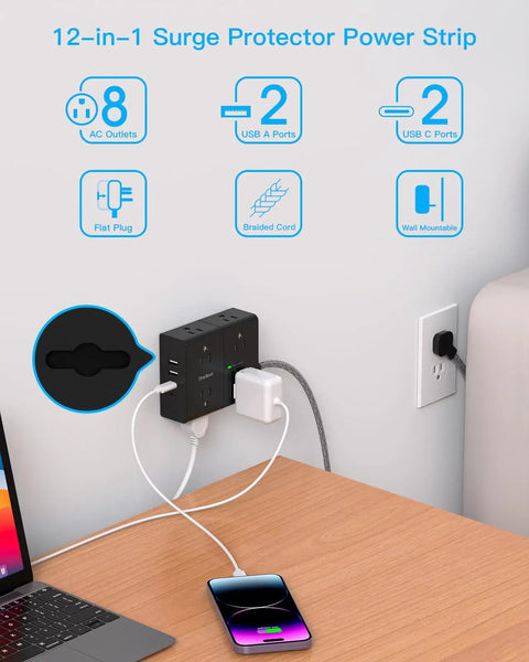 Hella Dependable 25 Ft Extension Cord With Flat Plug Surge Protector Power Strip For Home Office Dorm Essentials with multiple outlets and USB ports.