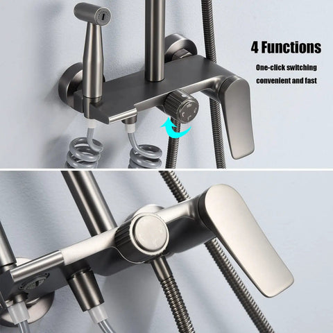 UBNMIUBV Shower System control panel with 4 functions, sleek brass body, and convenient switching knob, Gun Gray finish.