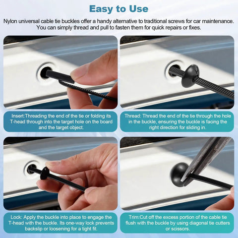 Step-by-step use of 2nd Gen Nylon Universal Cable Ties Buckle Kit 100 Pieces Heavy Duty Self-Locking Zip Ties With Pin And Button