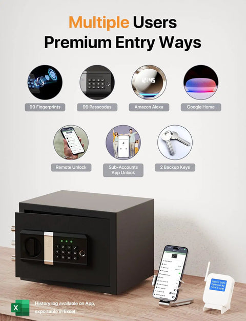 Smart Fingerprint Safe Box With WiFi App Unlock Real Time Alarm Voice Command next to phone and remote controller