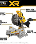 20V Max XR 10 Inch Double Bevel Fixed Miter Saw displayed with bevel gear transmission and ergonomic miter lock features