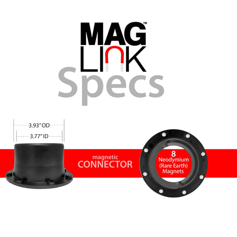 4 Inch Magnetic Dust Collection Connector With Quick Connect Fitting, 8 Embedded Rare Earth Magnets and dimensions displayed