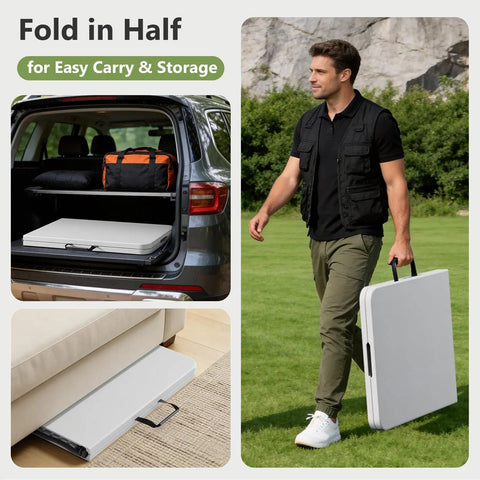 2 Pack 6 Ft Folding Plastic Tables Heavy Duty Portable Fold In Half Utility Tables With Carrying Handles in use outdoors