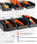 12 Piece Pegboard Bin Kit With 3.5 Inch And 5.5 Inch Plastic Storage Bins And Hooks For Peg Boards Easy Install Durable Workbench Organizers For Hardware Garage Craft Room And Tool Shed showing black bins with tools attached to a white pegboard.