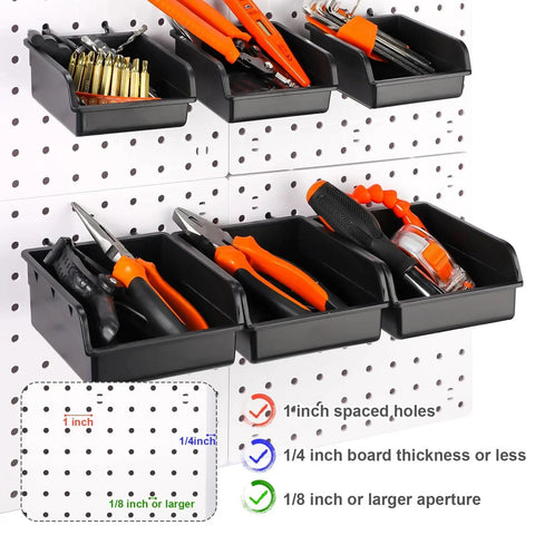 12 Piece Pegboard Bin Kit With 3.5 Inch And 5.5 Inch Plastic Storage Bins And Hooks For Peg Boards Easy Install Durable Workbench Organizers For Hardware Garage Craft Room And Tool Shed showing black bins with tools attached to a white pegboard.