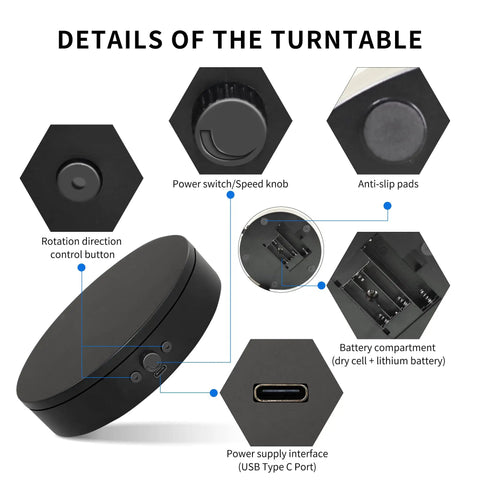 Detailed view of Foxvee 360 Degree Silent Rotating Display Stand speed knob, power button, and battery compartment.