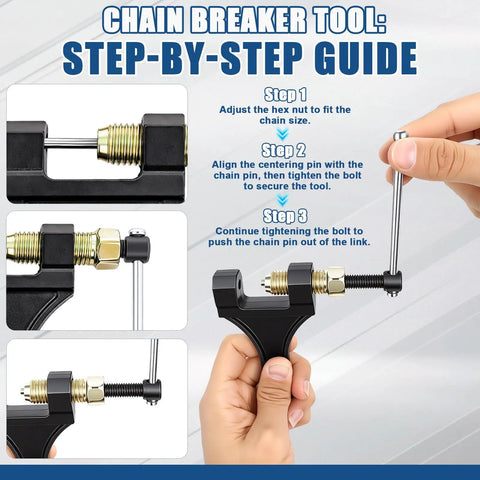 Chain breaker tool instructions for Heavy Duty 415H Motorized Chain, 110L Universal Fit for Dirt Bikes, Pit Bikes, ATVs.