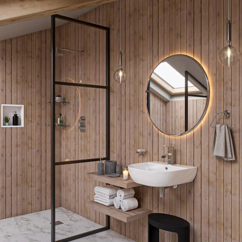 HomeStock Modern Single Panel Shower System with Hot Cold On Off Functions, Polished Finish in a stylish bathroom setting.