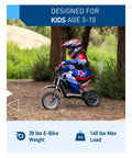 Child riding Kids Electric Dirt Bike 36V 300W Ride On With Quiet Hydraulic Suspension Long Range Up To 13.7 Miles 3 Speed Modes