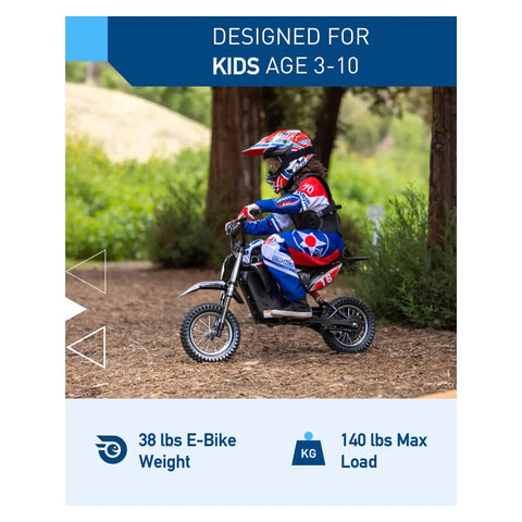 Child riding Kids Electric Dirt Bike 36V 300W Ride On With Quiet Hydraulic Suspension Long Range Up To 13.7 Miles 3 Speed Modes