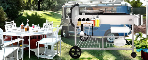 Outdoor Grill Table Cart For 22 Inch And 18 Inch Original Kettle Charcoal Grills, beside a dining table and camper van.